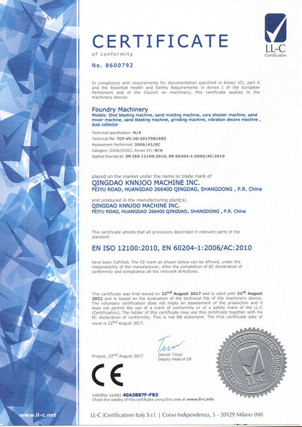 Chine Qingdao Knnjoo Machine Inc Certifications
